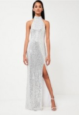 Missguided peace + love silver high neck maxi dress – long metallic dresses – glamorous occasion wear – glamour & glitzy – party glitz – evening fashion