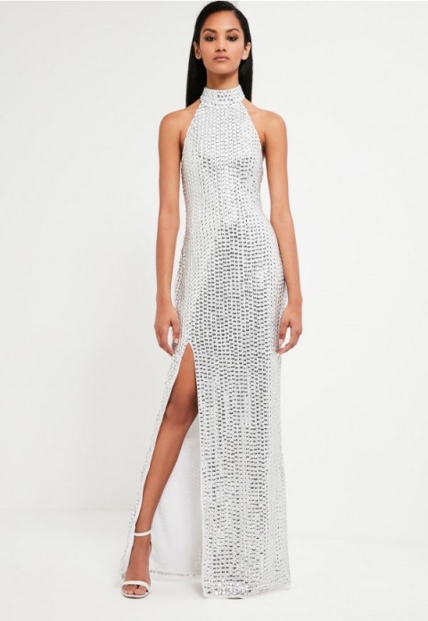 Missguided peace + love silver high neck maxi dress – long metallic dresses – glamorous occasion wear – glamour & glitzy – party glitz – evening fashion - flipped