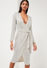 peace + love silver sequin long sleeve wrap midi dress ~ missguided occasion dresses ~ evening fashion ~ shimmering