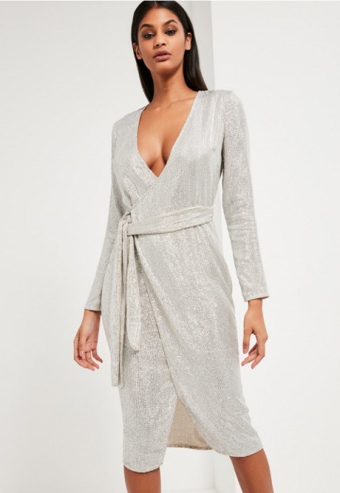 peace + love silver sequin long sleeve wrap midi dress ~ missguided occasion dresses ~ evening fashion ~ shimmering - flipped