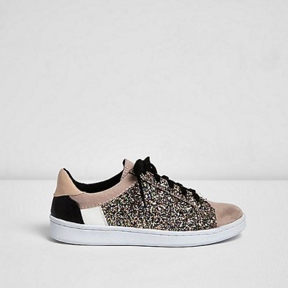 river island pink glitter panel trainers. Feminine style sneakers | casual flats | lace up flat shoes - flipped