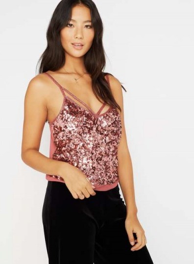 Miss Selfridge Pink Sequin Camisole Top ~ sequined cami tops ~ shimmering camis ~ embellished camisoles ~ evening fashion ~ glitzy - flipped