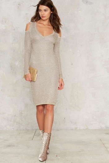 Porter Midi Dress in metallic silver knit – cold shoulder dresses – going out glamour – party fashion – glamorous knitwear – shimmering evening wear - flipped