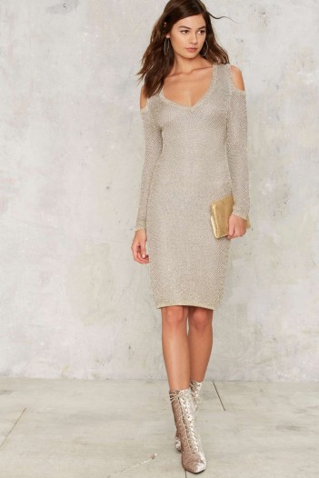 Porter Midi Dress in metallic silver knit – cold shoulder dresses – going out glamour – party fashion – glamorous knitwear – shimmering evening wear