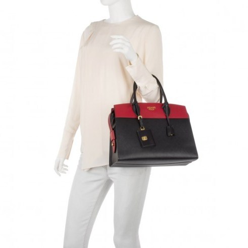 PRADA Borsa A Mano Saffiano City Calf Nero & Fuoco – black and red designer handbags – colour block leather bags – luxury accessories - flipped