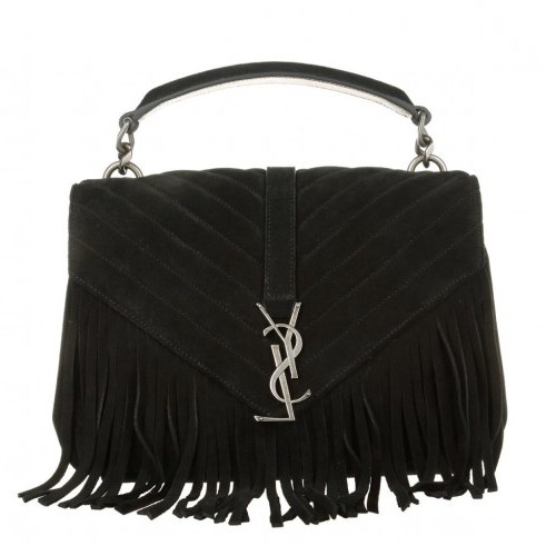 SAINT LAURENT Monogramme Medium College Bag Suede Black – luxury fringed bag – designer fringe handbags – top handle – luxe shoulder bags - flipped