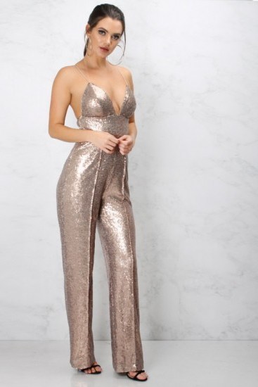 Sam Faiers Bronze Sequin Jumpsuit ~ metallic jumpsuits ~ party season ~ evening fashion ~ going out glamour ~ shimmering sequins - flipped