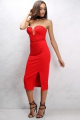 Sam Faiers Red Ladder Trim Midi Dress ~ strapless bodycon dresses ~ party season ~ plunge front evening fashion ~ going out glamour
