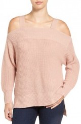 Sanctuary Amelie Cold Shoulder Sweater in misty rose. On-trend sweaters | stylish knitwear | feminine jumpers | off the shoulder fashion | casual chic winter clothing | light pink knits