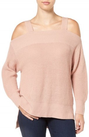 Sanctuary Amelie Cold Shoulder Sweater in misty rose. On-trend sweaters | stylish knitwear | feminine jumpers | off the shoulder fashion | casual chic winter clothing | light pink knits - flipped