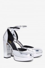 Shellys London Tami Leather Platform ~ silver metallic platforms ~ block heel shoes ~ evening high heels ~ ankle strap shoes ~ shiny