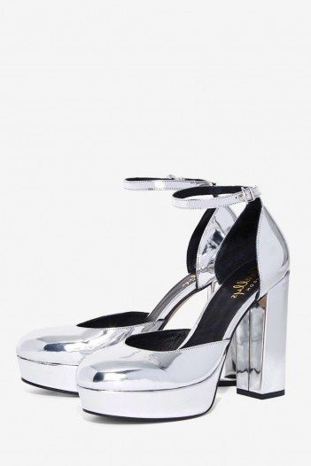 Shellys London Tami Leather Platform ~ silver metallic platforms ~ block heel shoes ~ evening high heels ~ ankle strap shoes ~ shiny - flipped