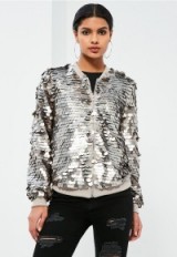 Missguided silver sequin bomber jacket – metallic jackets – large sequins – on trend fashion – glamorous outerwear – glitzy – shimmering