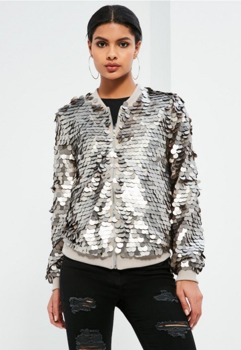 Missguided silver sequin bomber jacket – metallic jackets – large sequins – on trend fashion – glamorous outerwear – glitzy – shimmering - flipped
