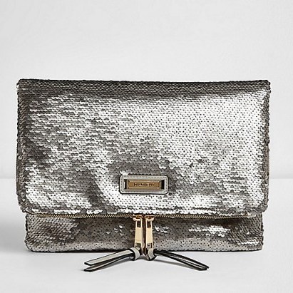 River Island silver sequin fold over clutch bag – large evening bags – going out handbags – glamorous sequins – metallic accessories – party style – glamour & glitz – glitzy – shimmering - flipped