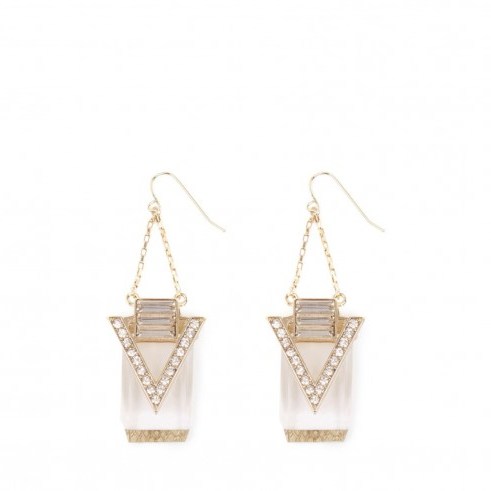Warehouse statement drop earrings. Gold tone fashion jewellery | art deco style earrings - flipped