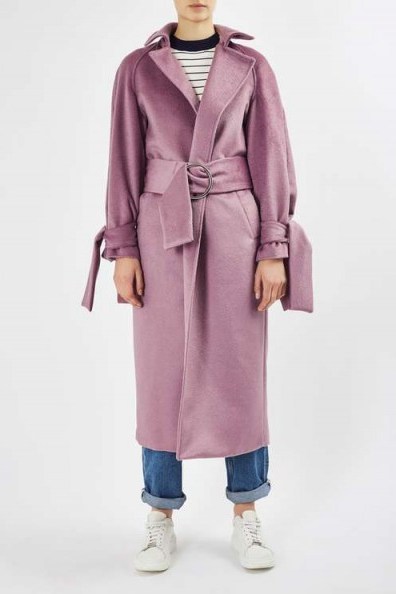 TopShop Tie Sleeve Wool Coat by Boutique in lilac – long winter coats – stylish outerwear – belted – statement fashion - flipped