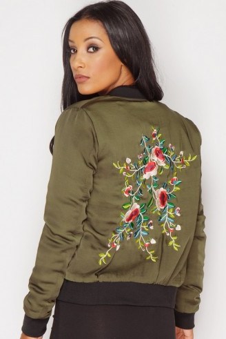 Miss Pap Trinity Khaki Floral Embroidered Bomber Jacket. Casual green jackets | on-trend outerwear | trending fashion - flipped
