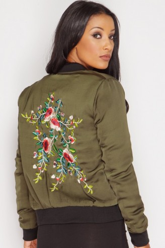 Miss Pap Trinity Khaki Floral Embroidered Bomber Jacket. Casual green jackets | on-trend outerwear | trending fashion