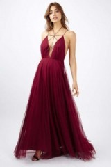 TopShop Tulle Lace Up Maxi Dress in berry red – red carpet style dresses – event fashion – strappy plunge front