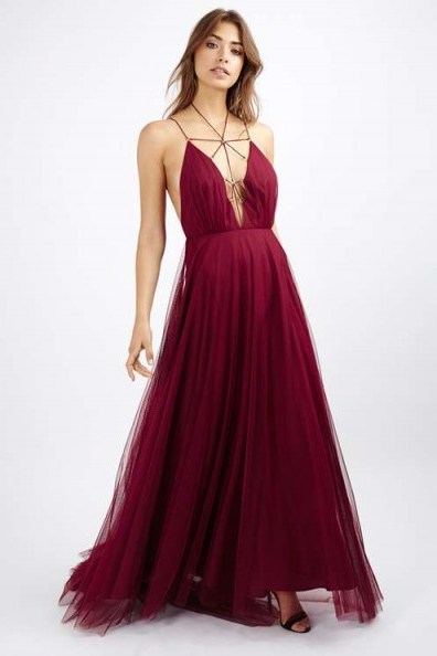 TopShop Tulle Lace Up Maxi Dress in berry red – red carpet style dresses – event fashion – strappy plunge front - flipped