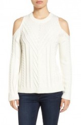 Vince Camuto Cold Shoulder Sweater in antique white. Crew neck cable knit sweaters | on-trend knitwear | stylish jumpers | open shoulder knitted fashion