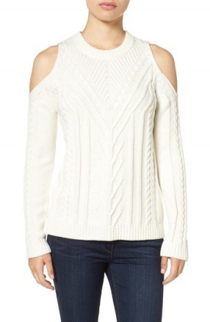 Vince Camuto Cold Shoulder Sweater in antique white. Crew neck cable knit sweaters | on-trend knitwear | stylish jumpers | open shoulder knitted fashion - flipped
