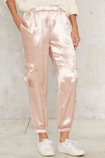 Walk the Shine Blush Satin Jogger Pants. Pale pink joggers | sports luxe | leisure clothing | casual trousers | cargo style - flipped