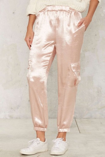 Walk the Shine Blush Satin Jogger Pants. Pale pink joggers | sports luxe | leisure clothing | casual trousers | cargo style
