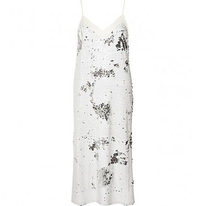 River Island white sequin midi slip dress. Cami dresses | sequined going out fashion | sequinned evening wear | party style clothing | shimmering sequins | embellished | strappy | thin straps | spaghetti strap - flipped