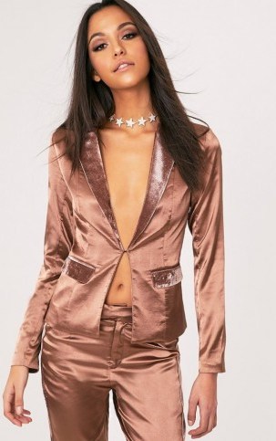 pretty Little Thing ALAYNIE MINK VELVET LAPEL SATIN BLAZER. Going out blazers | glamorous jackets | evening fashion - flipped