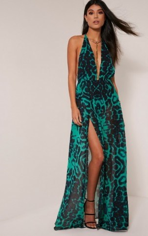 pretty little thing ALINA GREEN LEOPARD PRINT PLUNGE MAXI DRESS – glamorous animal prints – long halter dresses – evening glamour – going out fashion - flipped
