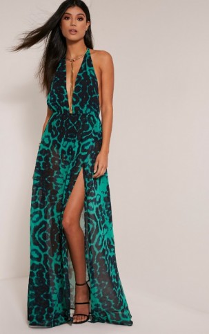 pretty little thing ALINA GREEN LEOPARD PRINT PLUNGE MAXI DRESS – glamorous animal prints – long halter dresses – evening glamour – going out fashion