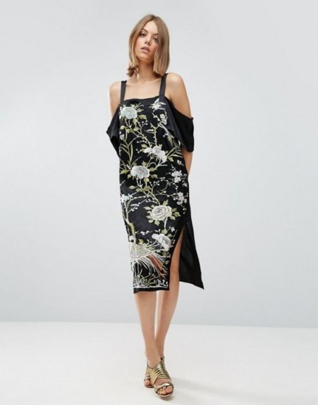 ASOS PREMIUM Embroidered Cold Shoulder Slip Dress – floral party dresses - flipped