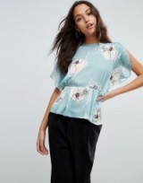 ASOS Satin Tea Blouse in Japanese Floral. Oriental inspired flower prints | slit kimono sleeved blouses | feminine tops | pale blue | stylish fashion