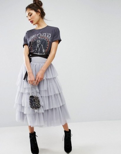 ASOS Tulle Midi Skirt with Tiers and Tie Waist Detail ~ grey tiered skirts ~ pretty & feminine ~ dressy fashion ~ style - flipped