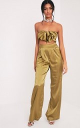 PRETTY LITTLE THING AUDRINA OLIVE KNOT FRONT SATIN JUMPSUIT – glamorous evening fashion – ruffled jumpsuits – cut out fashion – glamour