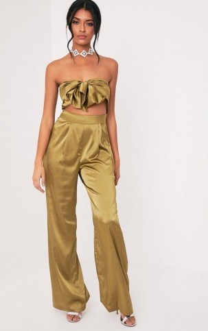 PRETTY LITTLE THING AUDRINA OLIVE KNOT FRONT SATIN JUMPSUIT – glamorous evening fashion – ruffled jumpsuits – cut out fashion – glamour - flipped