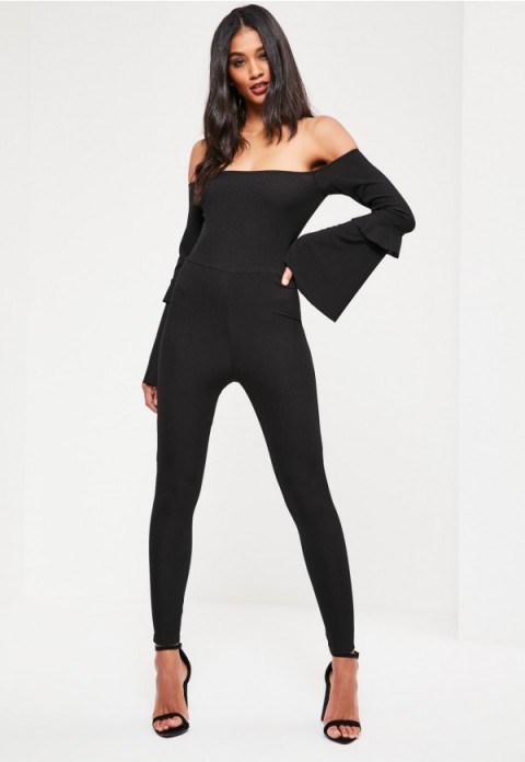 missguided black bardot flare sleeve ribbed jumpsuit | off the shoulder jumpsuits - flipped