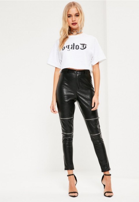 missguided black premium zip detail faux leather trousers | leather look skinny pants | on-trend fashion - flipped
