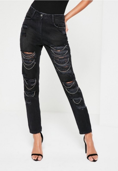 missguided black riot high waisted chain rip mom jeans | embellished denim | casual fashion - flipped