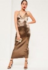 Missguided bronze silky plunge halter neck maxi dress. Evening glamour | statement style | metallic party dresses | plunging neckline | glamorous evening fashion