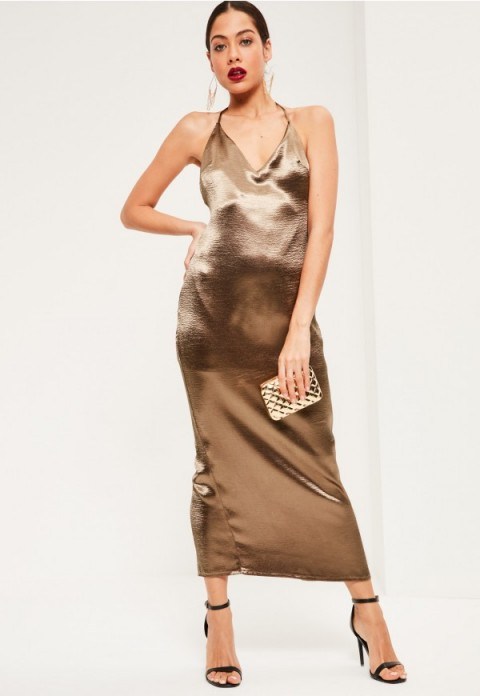 Missguided bronze silky plunge halter neck maxi dress. Evening glamour | statement style | metallic party dresses | plunging neckline | glamorous evening fashion - flipped