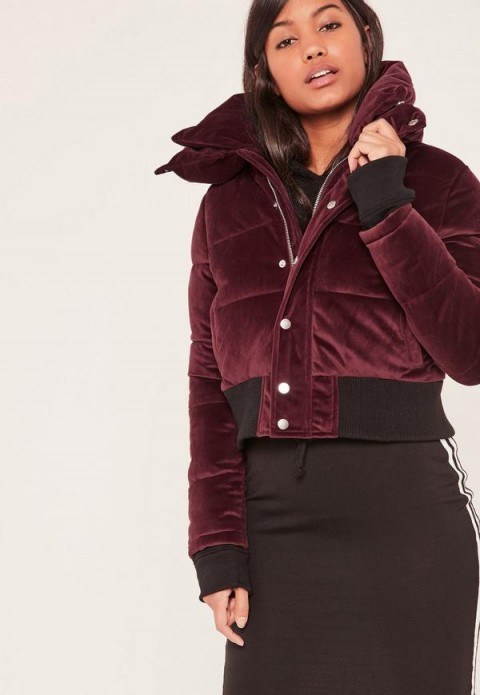 missguided burgundy velvet cropped padded coat. Dark red bomber jackets | on-trend coats - flipped