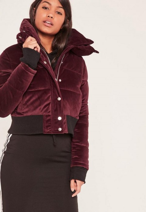 missguided burgundy velvet cropped padded coat. Dark red bomber jackets | on-trend coats