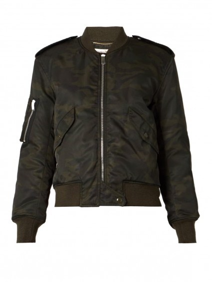 SAINT LAURENT Camouflage-jacquard padded bomber jacket in black. Casual fashion | designer jackets | luxury outerwear | trending style | on-trend clothing - flipped
