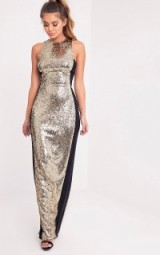 PRETTY LITTLE THING CARSIE GOLD SLEEVELESS SEQUIN MAXI DRESS – long glamorous evening dresses – glittering & glitzy – glamour – occasion fashion