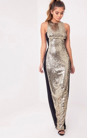 PRETTY LITTLE THING CARSIE GOLD SLEEVELESS SEQUIN MAXI DRESS – long glamorous evening dresses – glittering & glitzy – glamour – occasion fashion - flipped