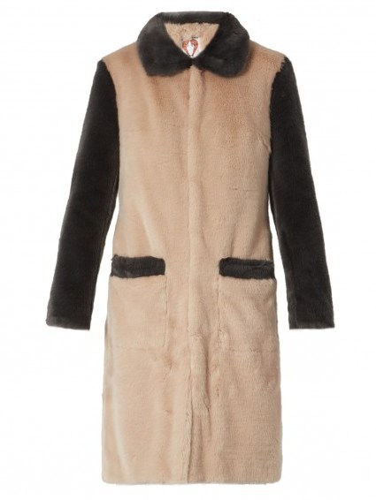 SHRIMPS Contrast trim faux-fur coat in pale pink. Luxe winter coats | designer outerwear - flipped