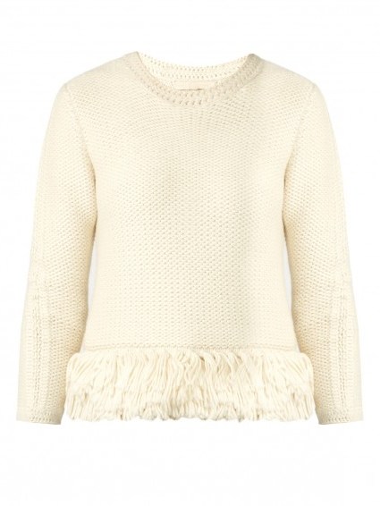 VANESSA BRUNO Fluidity tassel-trimmed wool-knit sweater in cream. Designer knitwear | winter fashion | crew neck sweaters | fringed hem - flipped